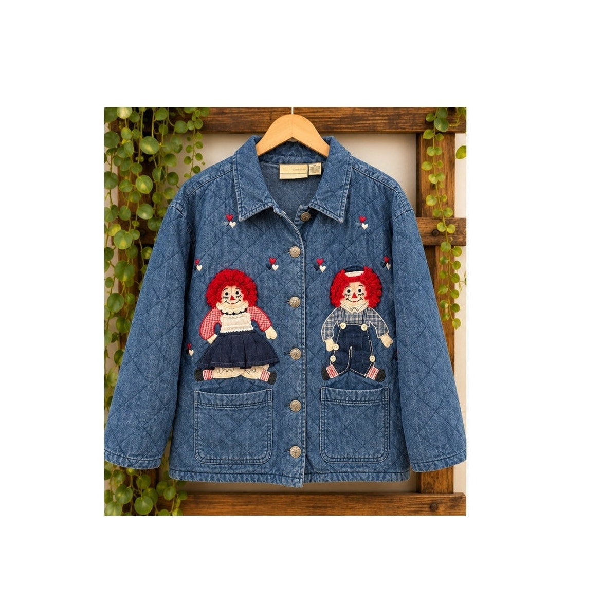 VTG Carrie Allen Quilted Denim Jacket XL Raggedy Ann Andy Folk Art Cottagecore