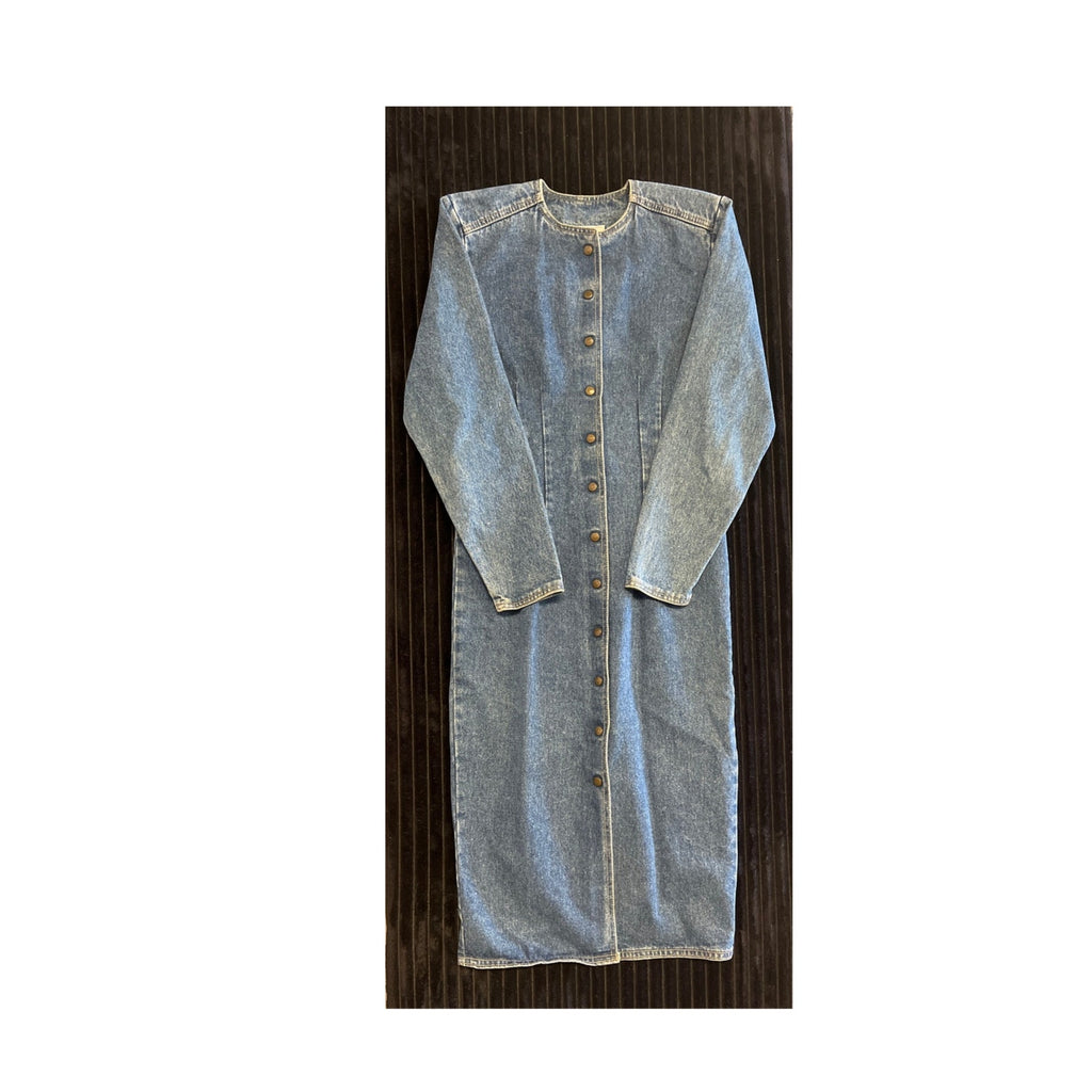 Vintage Zena Acid Wash Denim Duster Dress Womens 7 Button Front Boho Maxi Coat