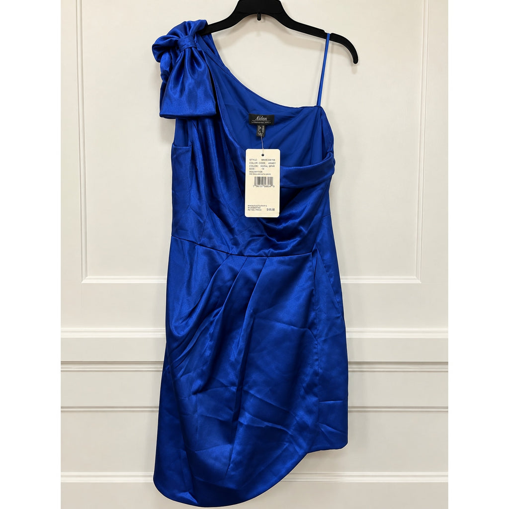 NEW Aidan by ADRIANNA PAPELL 14 Royal Sapphire One Shoulder Satin Tulip Dress