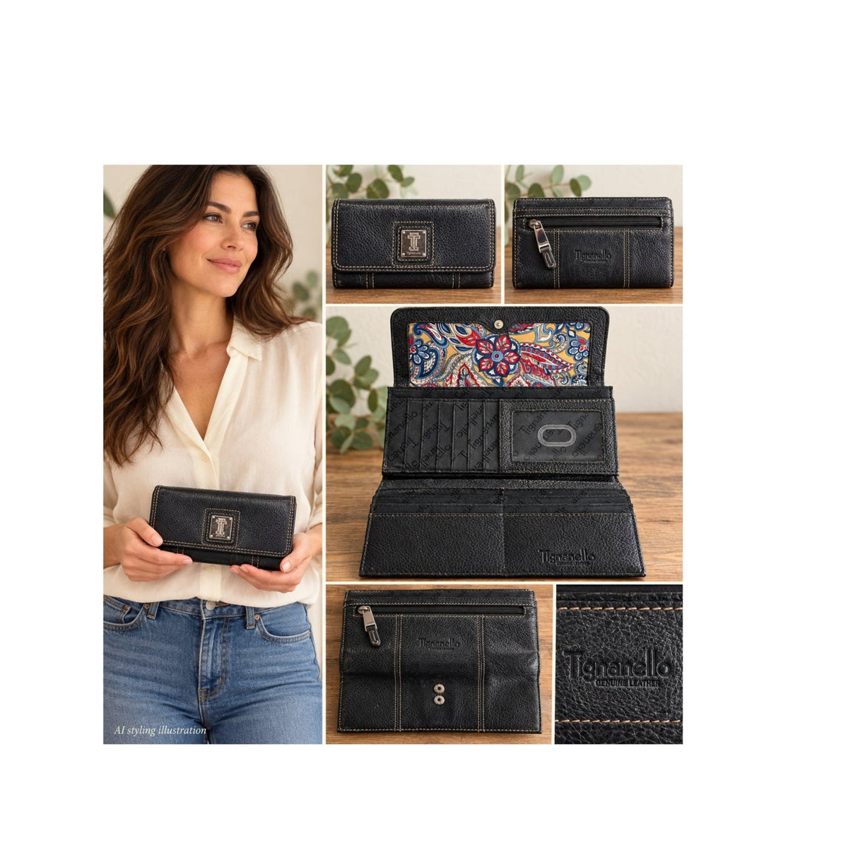 Tignanello Black Pebbled Leather Continental Flap Wallet Paisley Lined