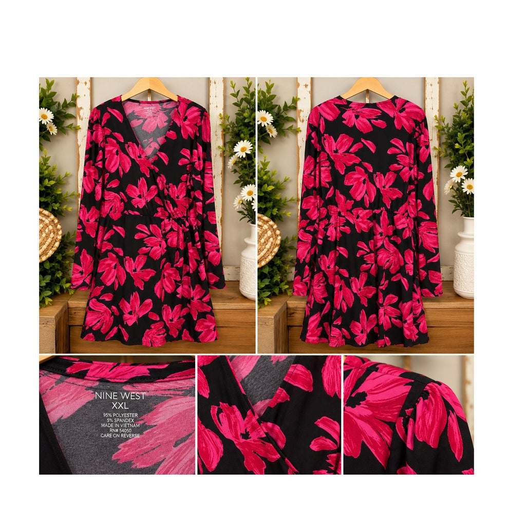 Nine West Hot Pink Black Floral Faux Wrap Long Sleeve Dress Womens Size XXL Knit