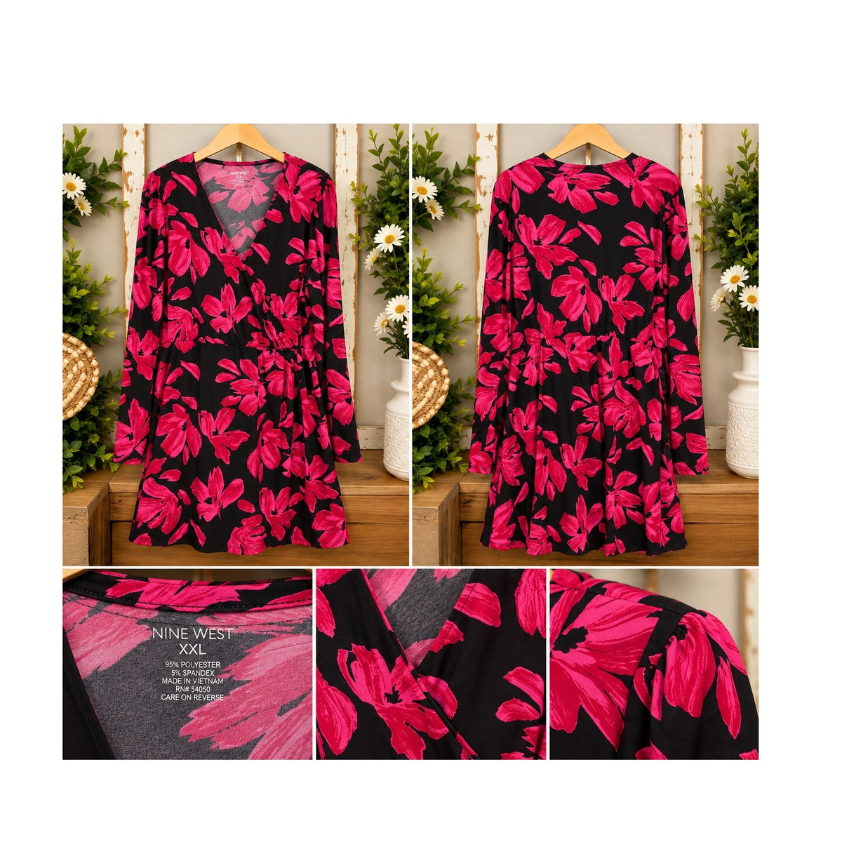 Nine West Hot Pink Black Floral Faux Wrap Long Sleeve Dress Womens Size XXL Knit