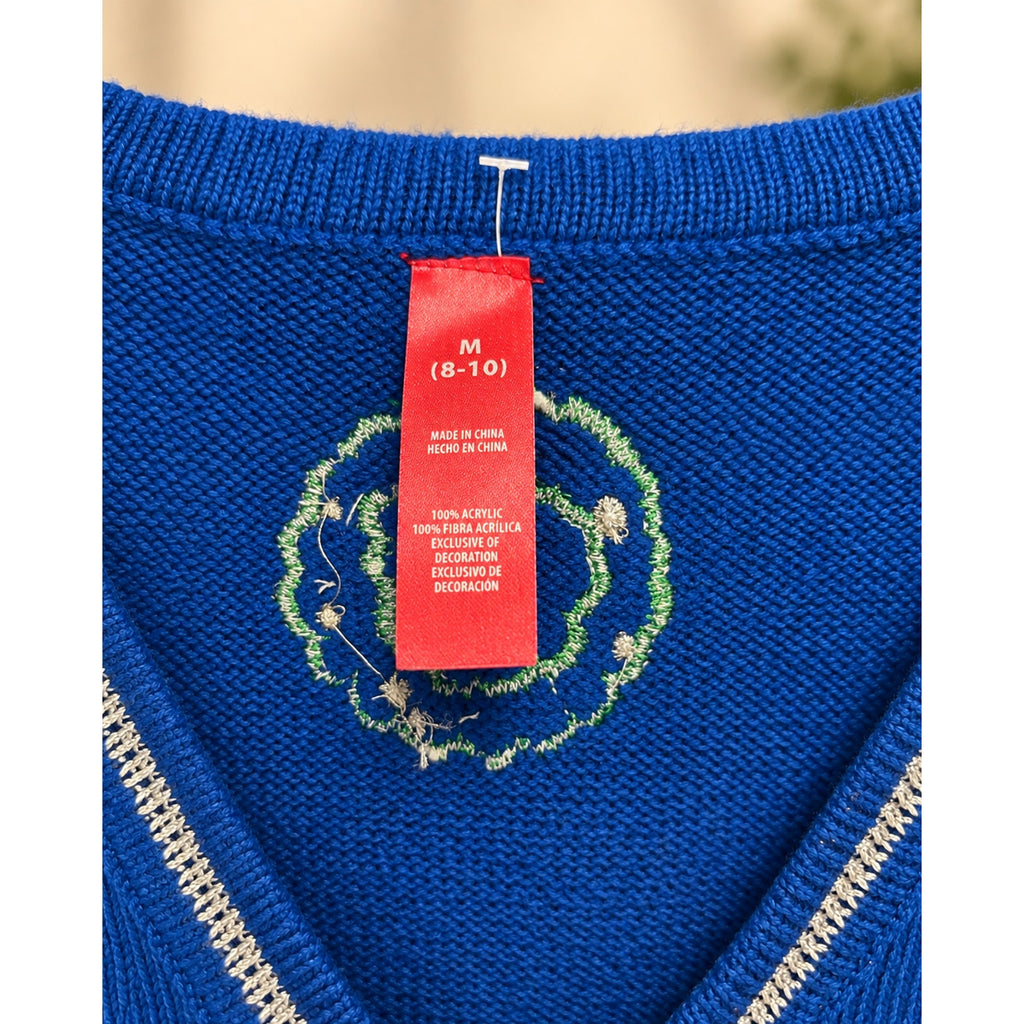 Christmas Sweater Vest Blue Santa Fireplace Holiday Size M 8-10 Preloved