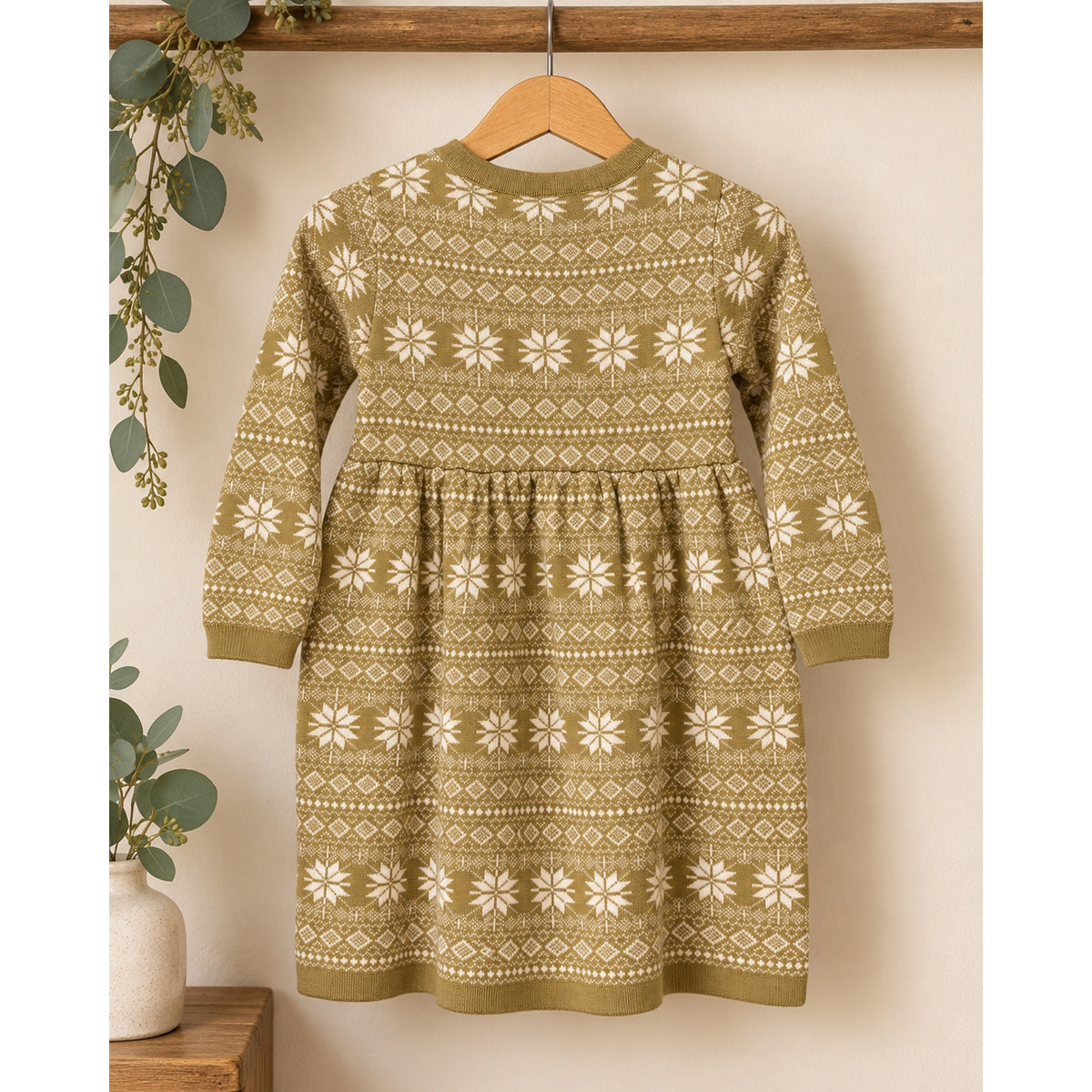 NWT Kate Quinn Girls 6Y Fair Isle Knit Sweater Dress Olive Cream Snowflake
