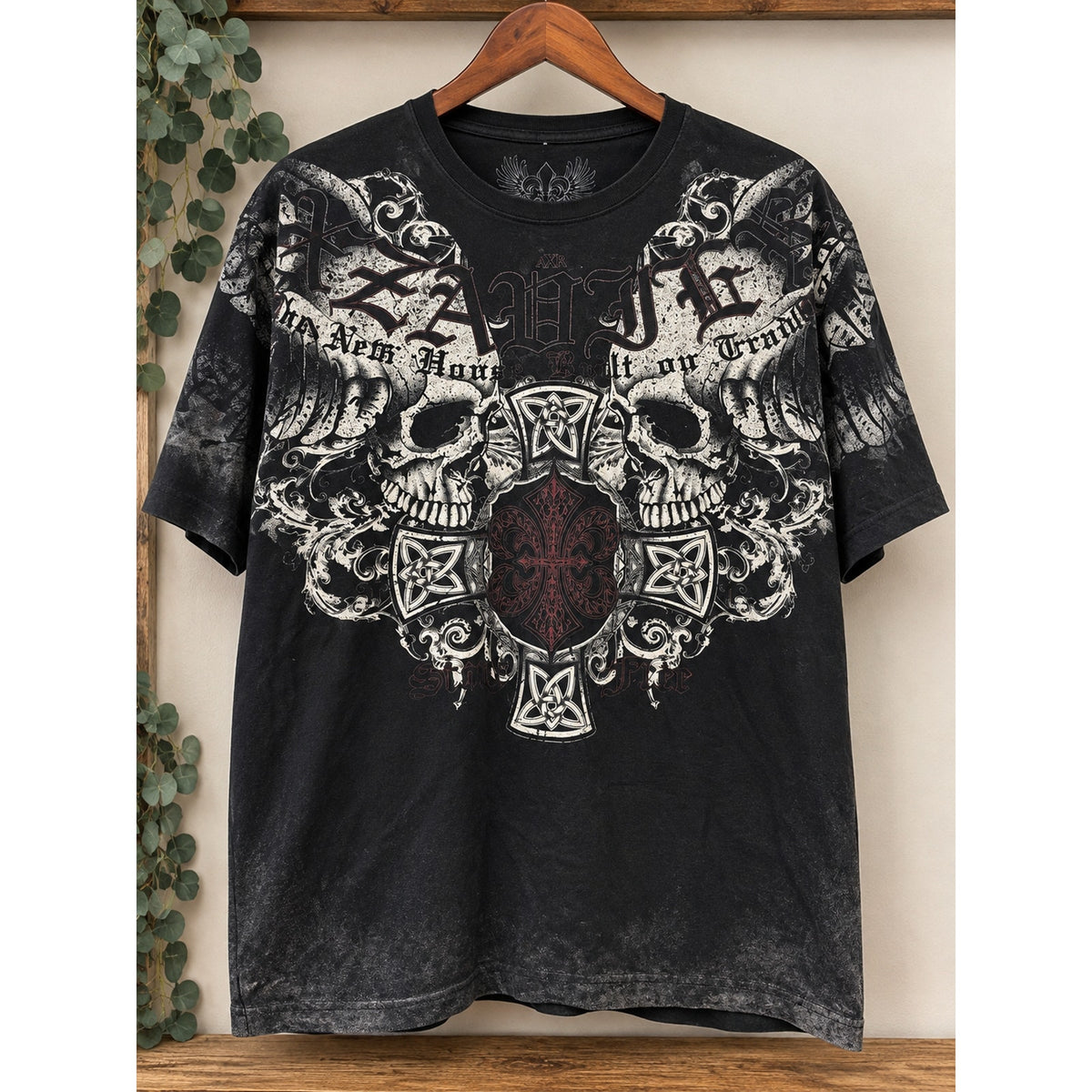 Xzavier Unlimited Mens XL Black Skull Crown Wings Graphic T-Shirt Y2K MMA Style
