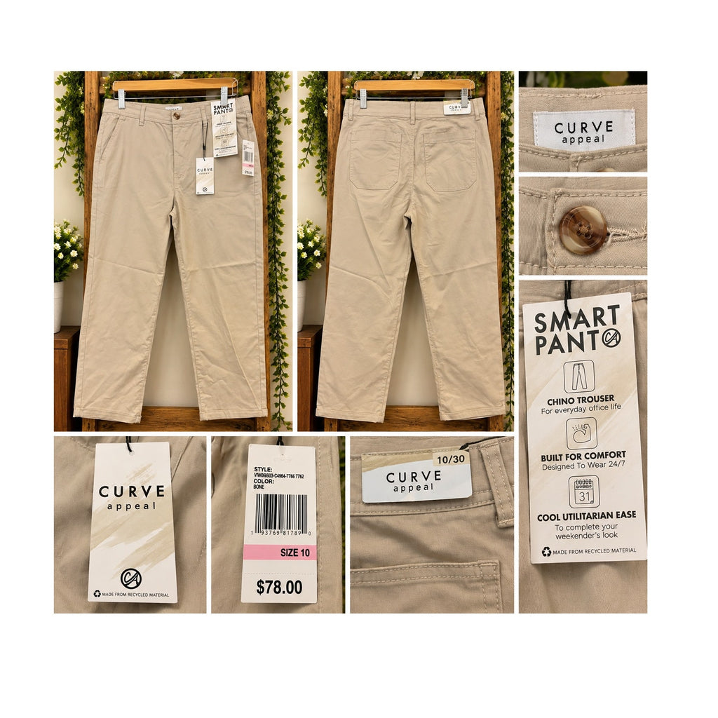 NWT Curve Appeal Smart Ankle Chino Pants Womens Size 10/30 Bone Beige Cuffed