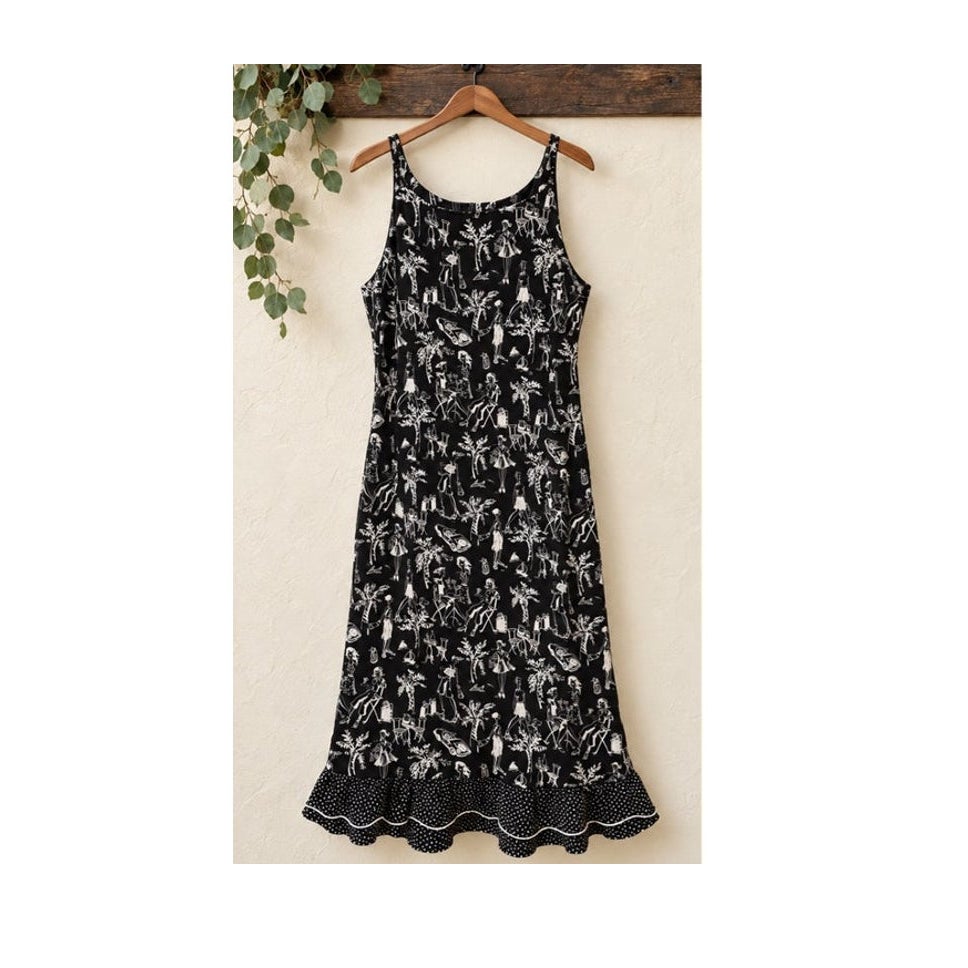 Vintage Sharon Young 90s Novelty Print Tank Dress Ruffle Black 12