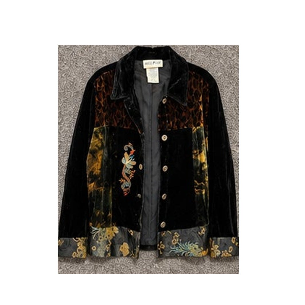 Vintage 90s White Stag Black Velvet Patchwork Embroidered Jacket L
