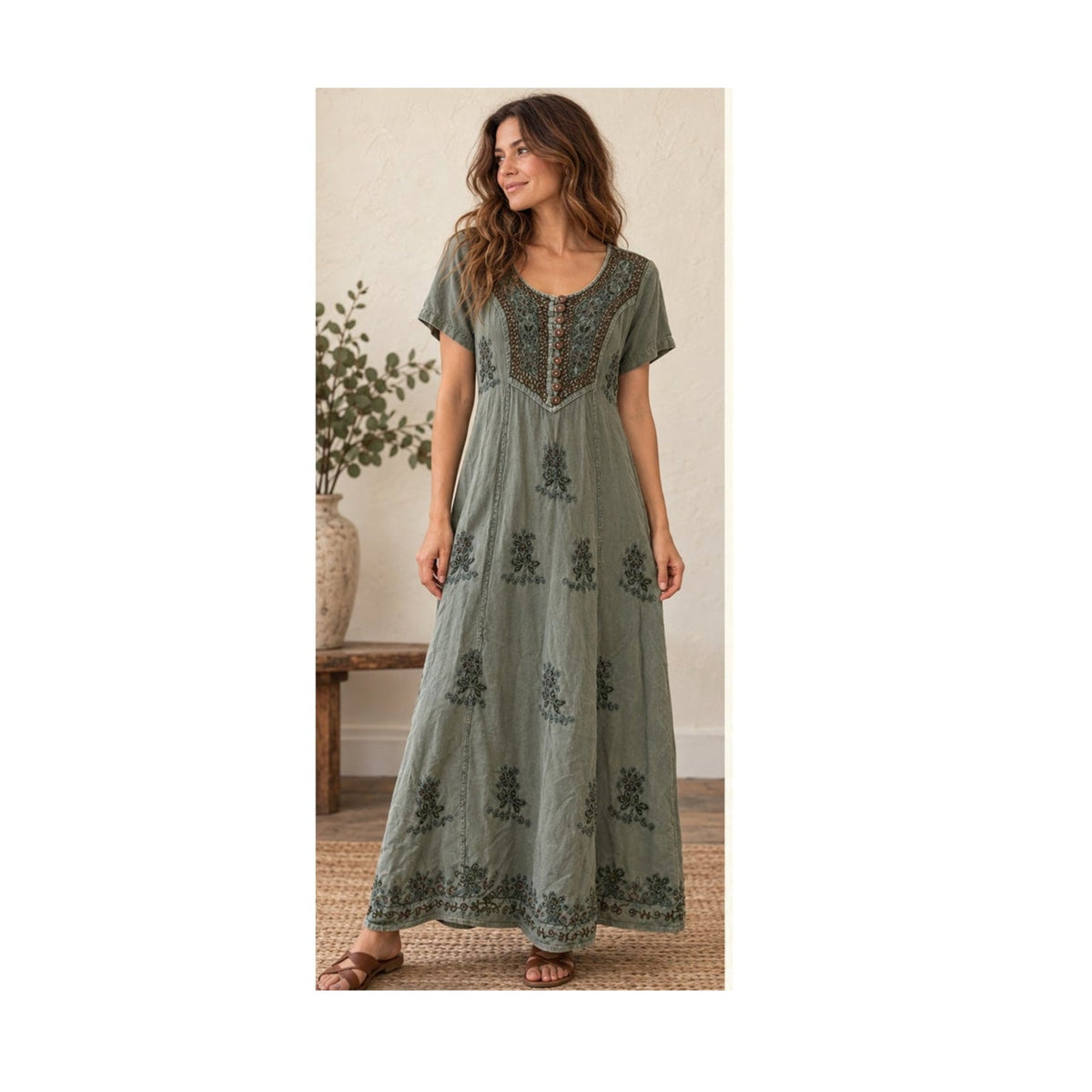 Olivia Vintage Sage Green Embroidered Maxi Dress Cottagecore M