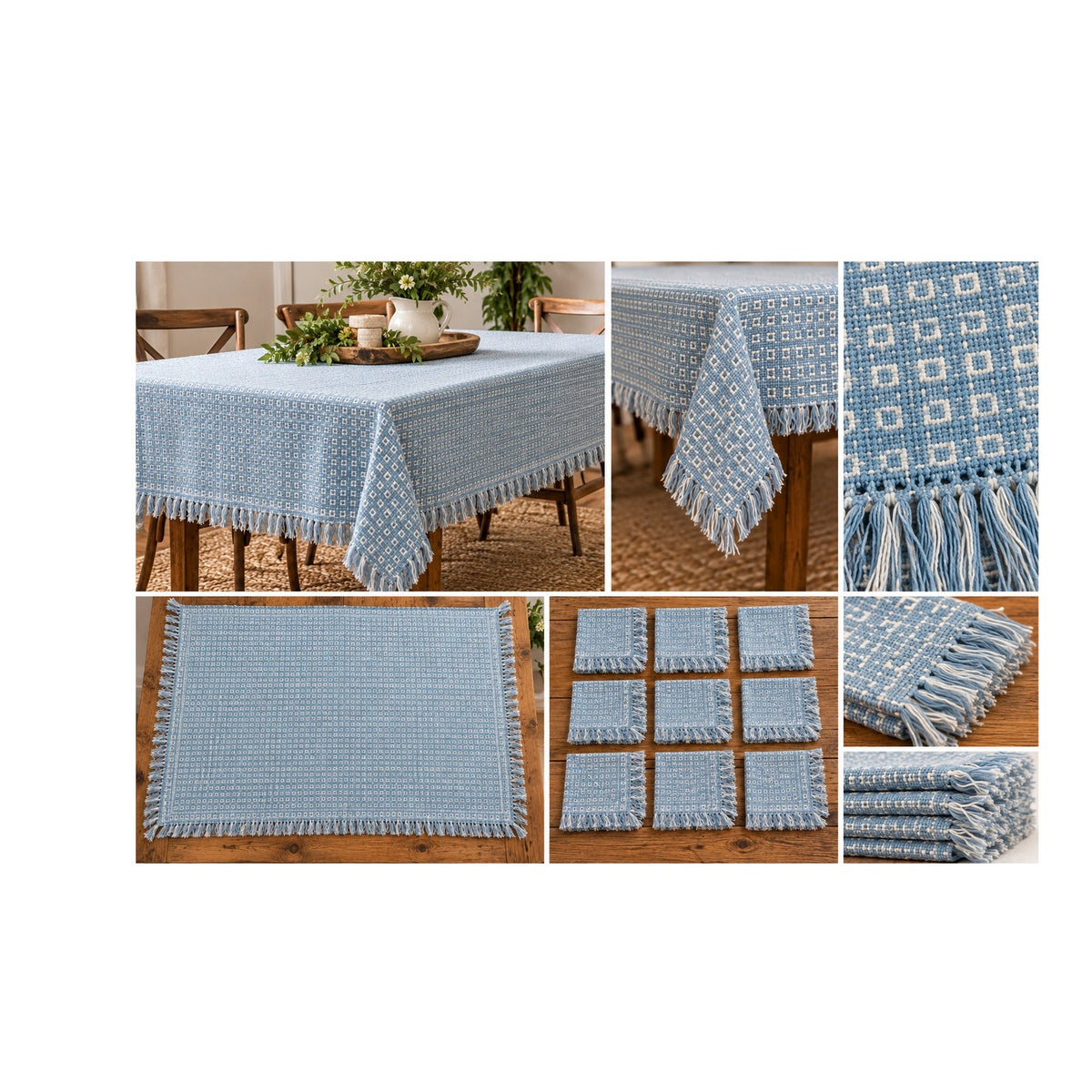Vintage Homespun Blue White Fringed Tablecloth 9 Napkins Set Woven Plaid 57x84