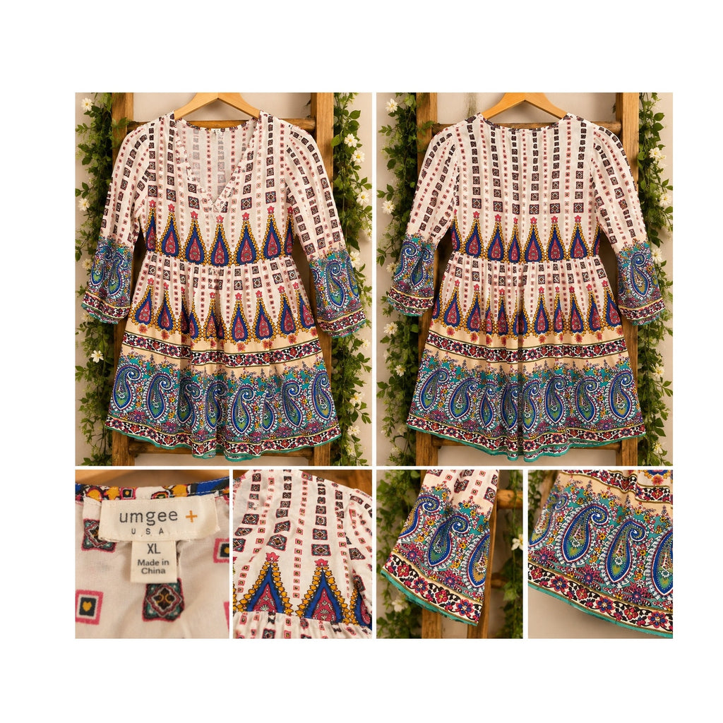 Umgee Women's Boho Paisley Geometric Print Tiered Bell Sleeve Tunic Dress XL