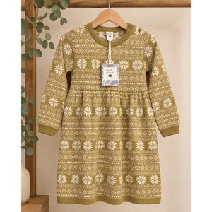 NWT Kate Quinn Girls 6Y Fair Isle Knit Sweater Dress Olive Cream Snowflake