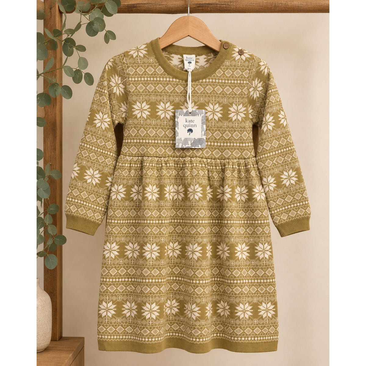 NWT Kate Quinn Girls 6Y Fair Isle Knit Sweater Dress Olive Cream Snowflake