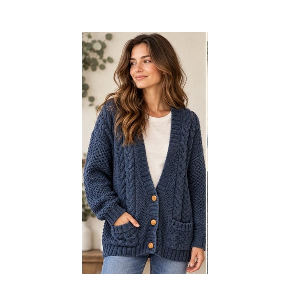 VTG 90s Chunky Wool Cable Knit Cardigan Grandpa Sweater Blue L M