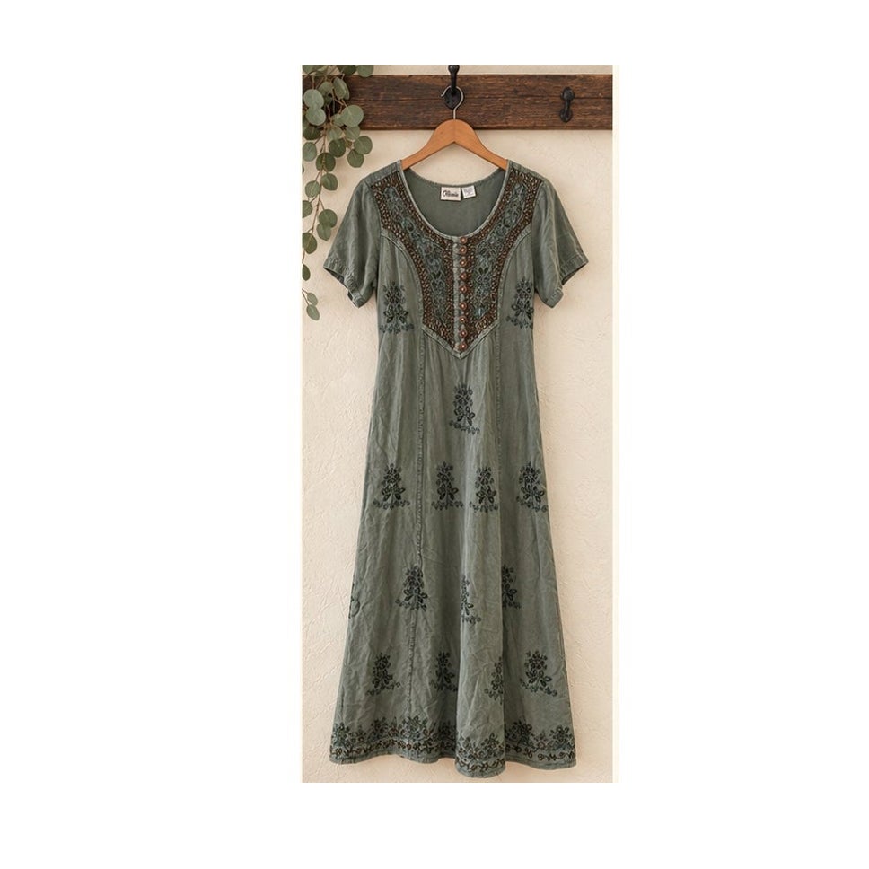 Olivia Vintage Sage Green Embroidered Maxi Dress Cottagecore M