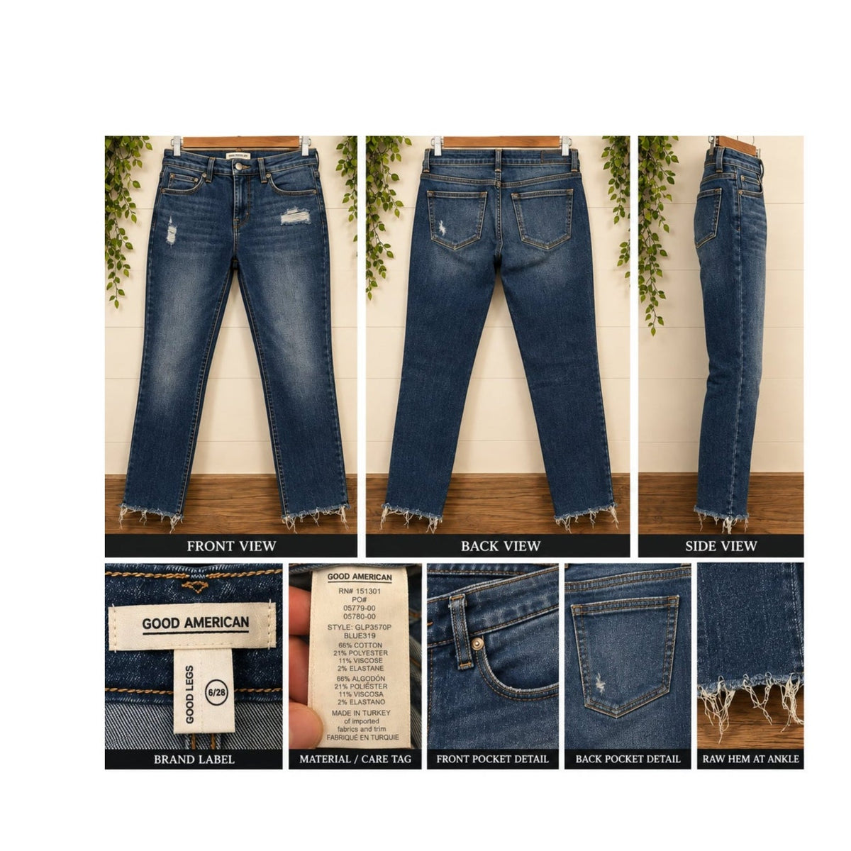 Good American Good Legs Skinny Jeans Distressed Raw Hem Blue Size 6 28