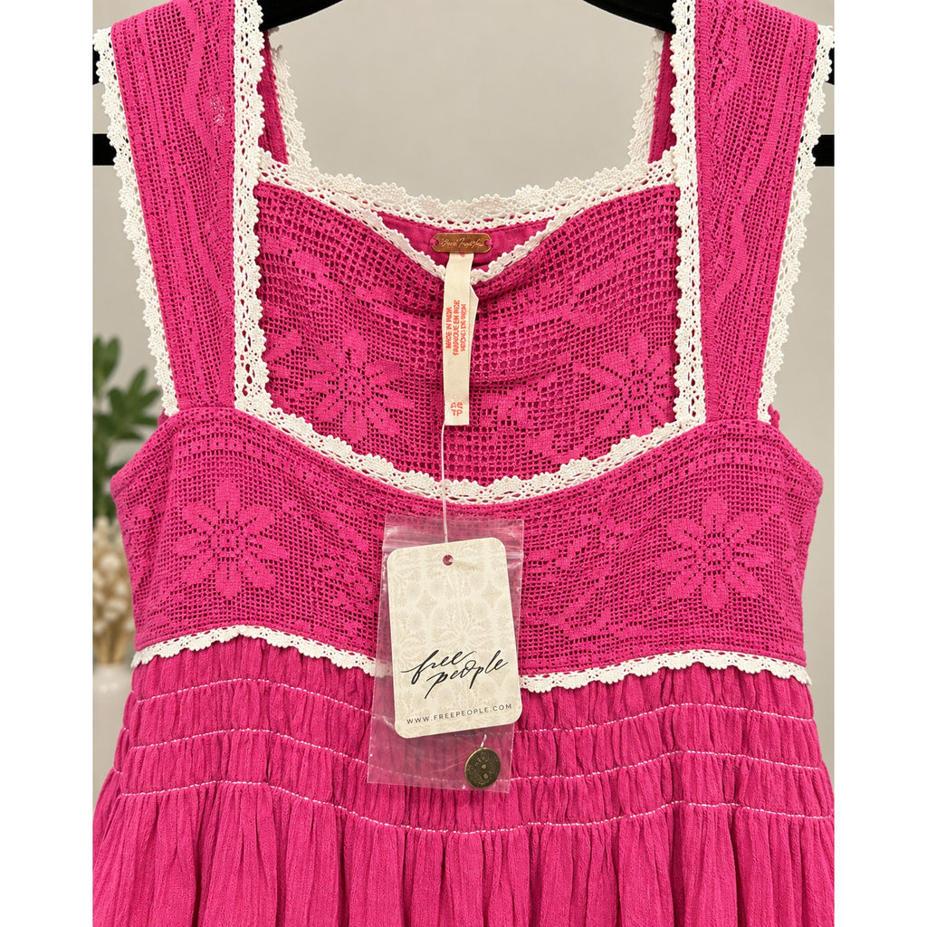 New Free People Coral Lace Trim Boho Mini Dress Large XS $148