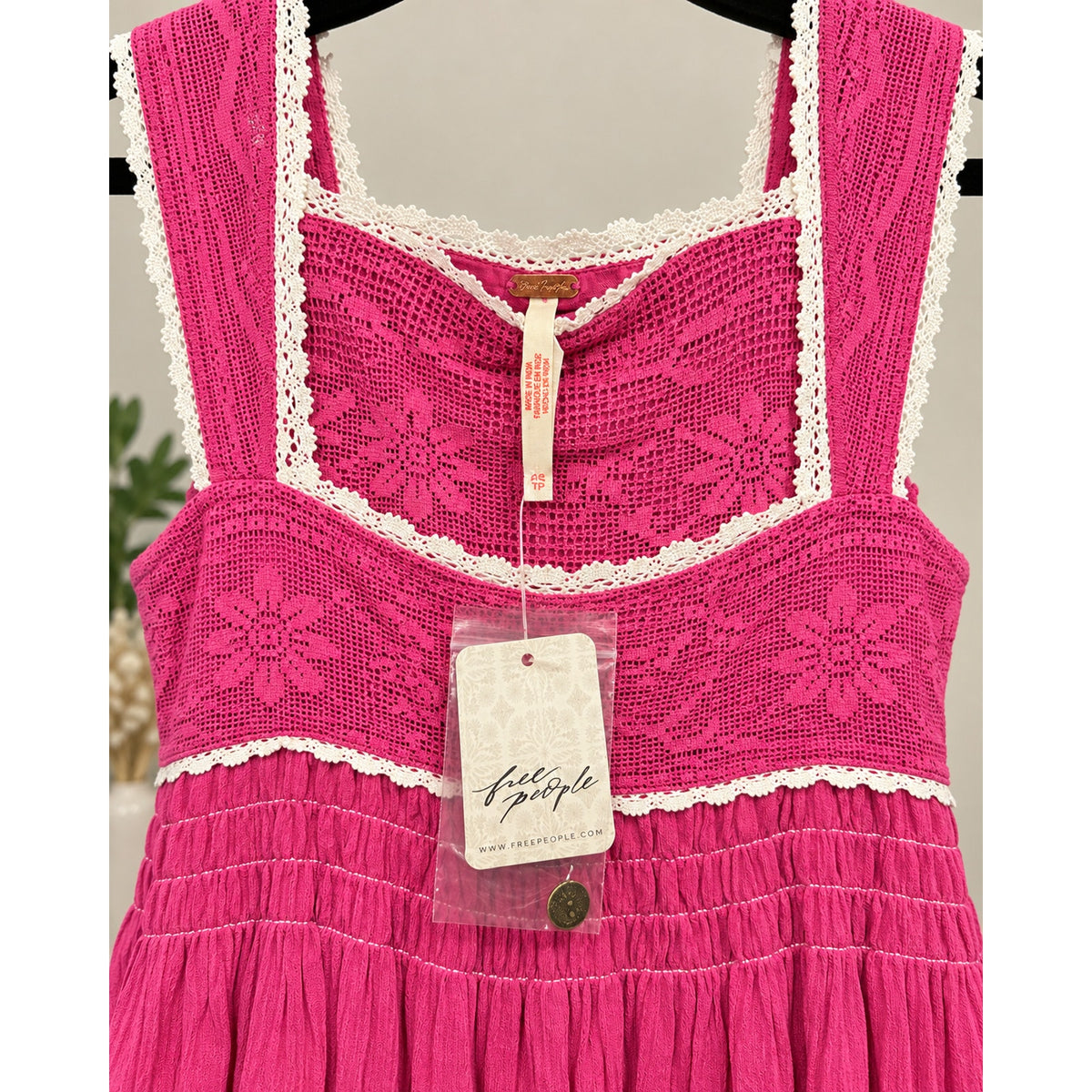 New Free People Coral Lace Trim Boho Mini Dress Large XS $148