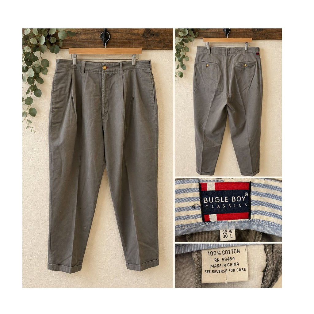 Vintage 90s Bugle Boy Mens 38x30 Gray Pleated Cuffed Cotton Chinos