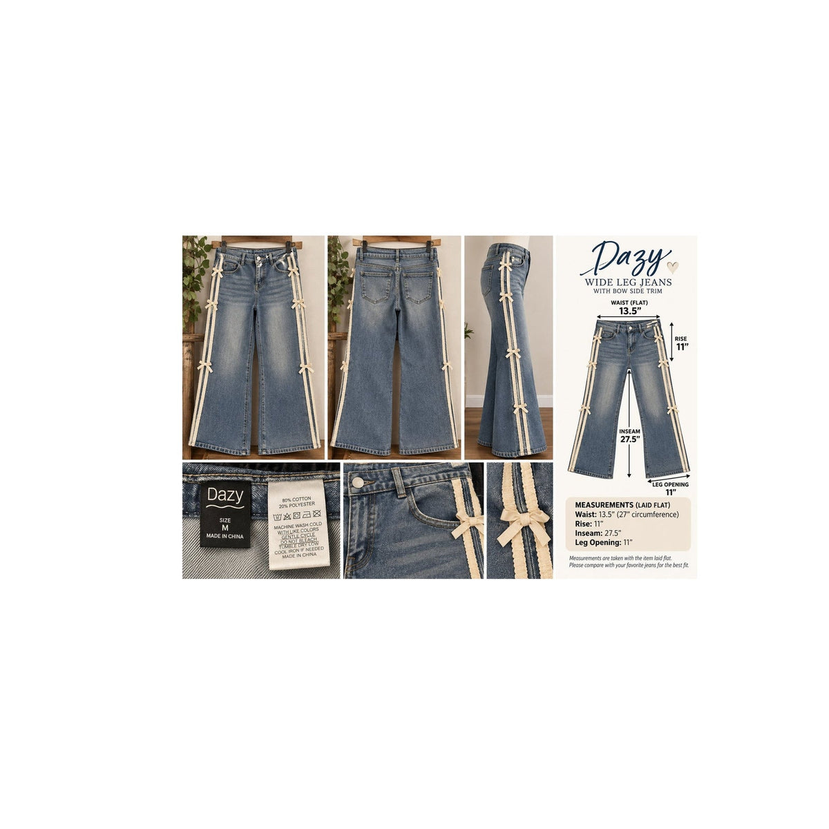 Dazy Bow Side Trim Wide Leg Jeans Medium Wash Blue Womens Size Medium