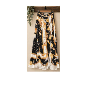 GUESS Dora Black Gold Seashell Starfish Chain Scarf Print Maxi Skirt L