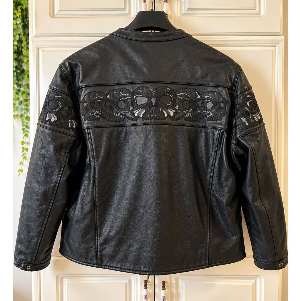 First MFG Mens Heavy Leather Motorcycle Jacket Reflective Skulls M 8XL