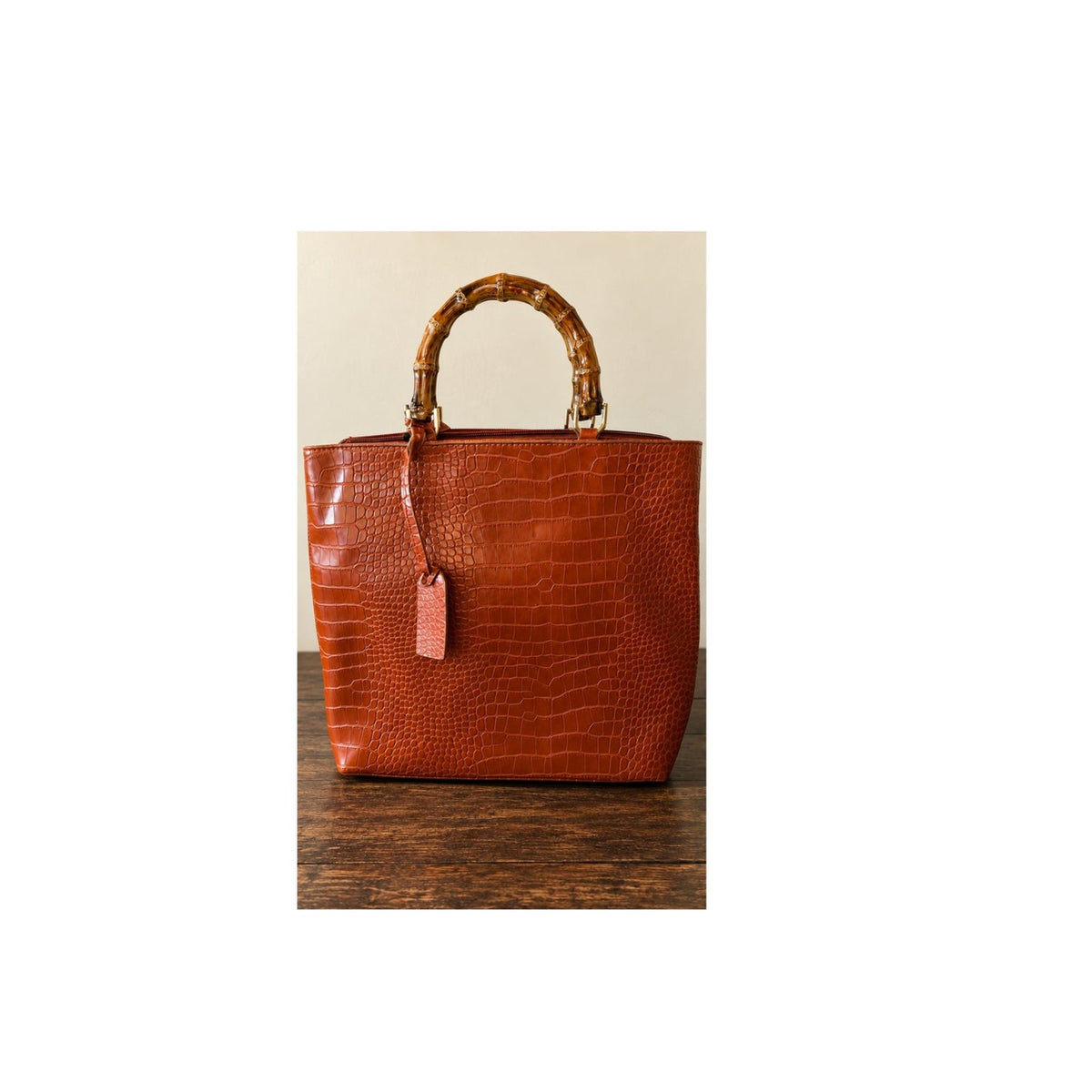 Moda Luxe Cognac Croc Embossed Bamboo Look Handle Tote Bag Preloved