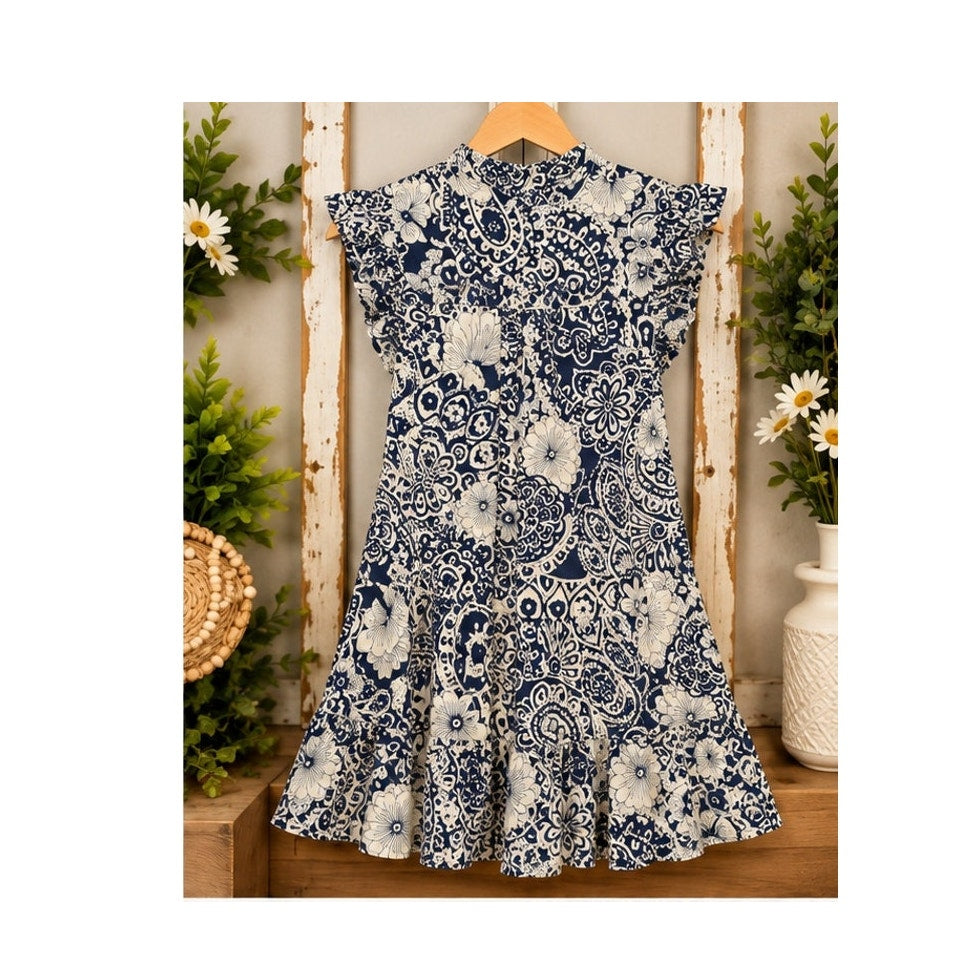 Umgee Navy Blue White Paisley Floral Tassel Mini Dress Womens Plus Size 1XL Boho