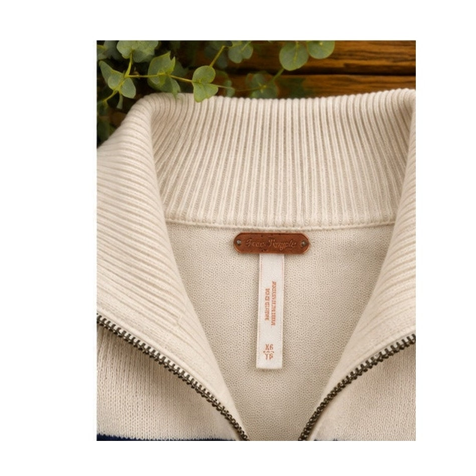 Free People Coastal Stripe Pullover Quarter Zip Sweater Cream Navy XS
