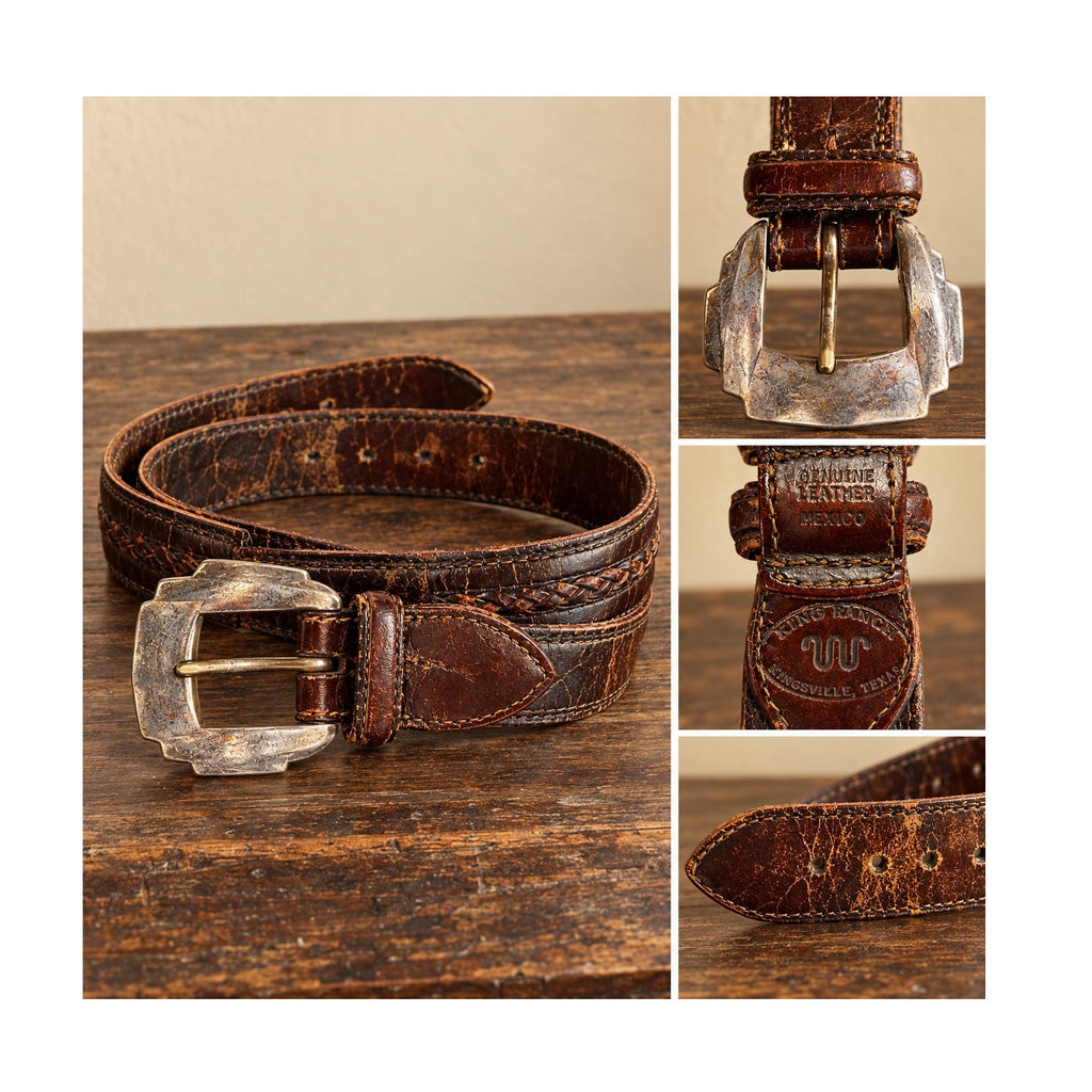 Vintage 1996 King Ranch Brown Braided Leather Western Belt Silver Buckle