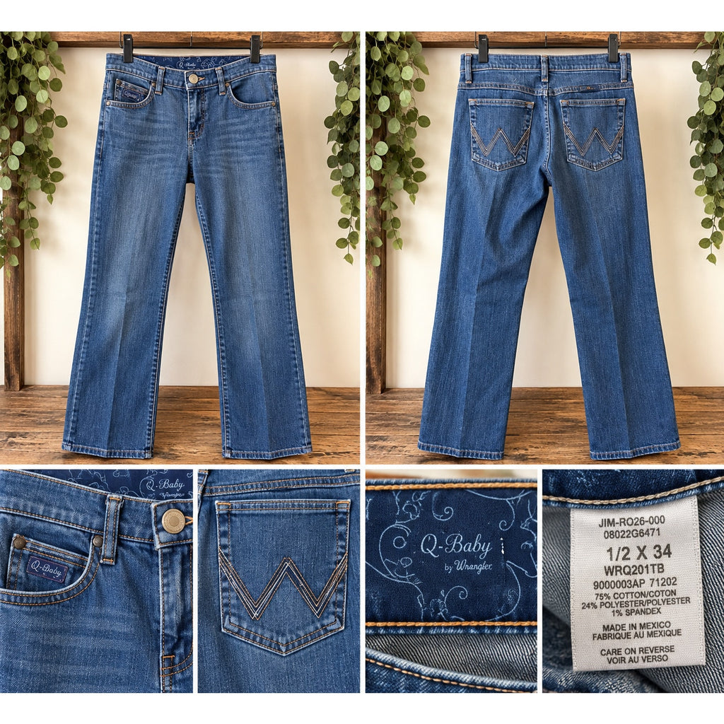 Wrangler Q-Baby Ultimate Riding Jeans Womens 1/2 x 34 Bootcut Blue Denim