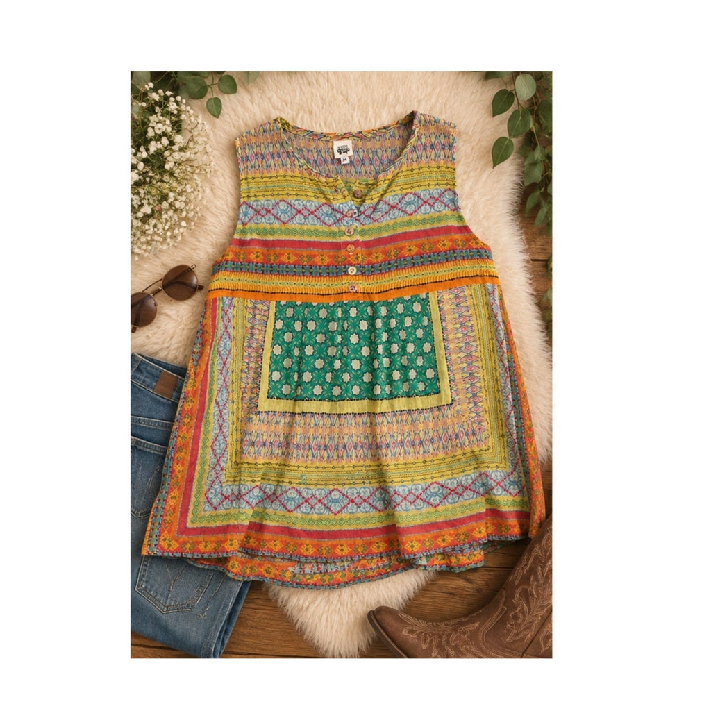 Ivy Jane Women's Mixed Geometric Patchwork Sleeveless Tunic Blouse Multicolor M