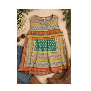 Ivy Jane Women's Mixed Geometric Patchwork Sleeveless Tunic Blouse Multicolor M