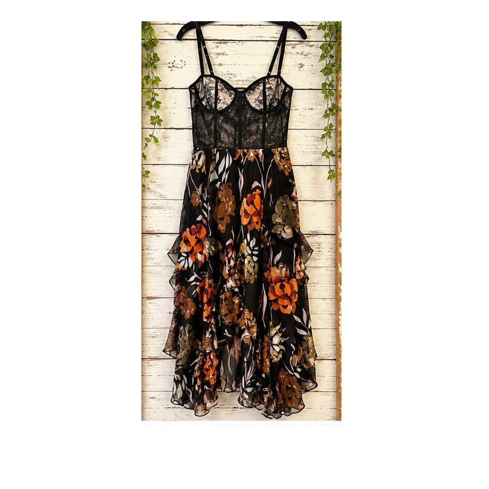 Katie May Take a Sip Dress Black 70s Floral Lace High Low Mid XS