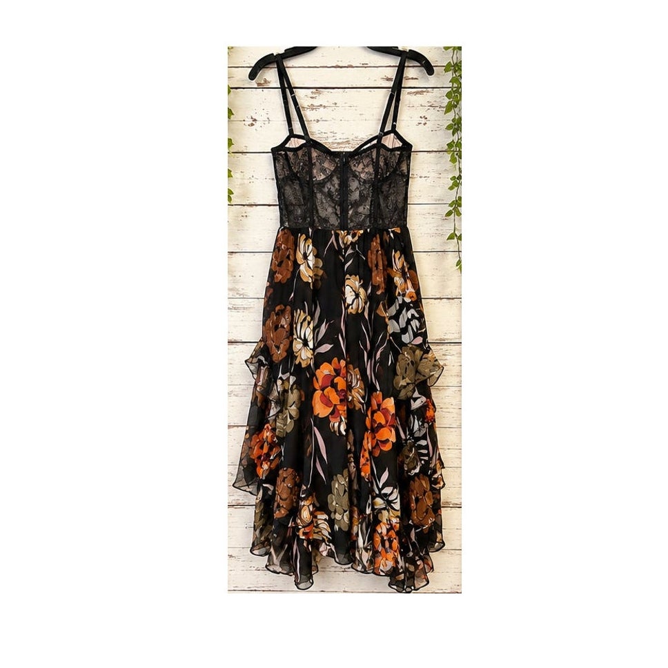 Katie May Take a Sip Dress Black 70s Floral Lace High Low Mid XS
