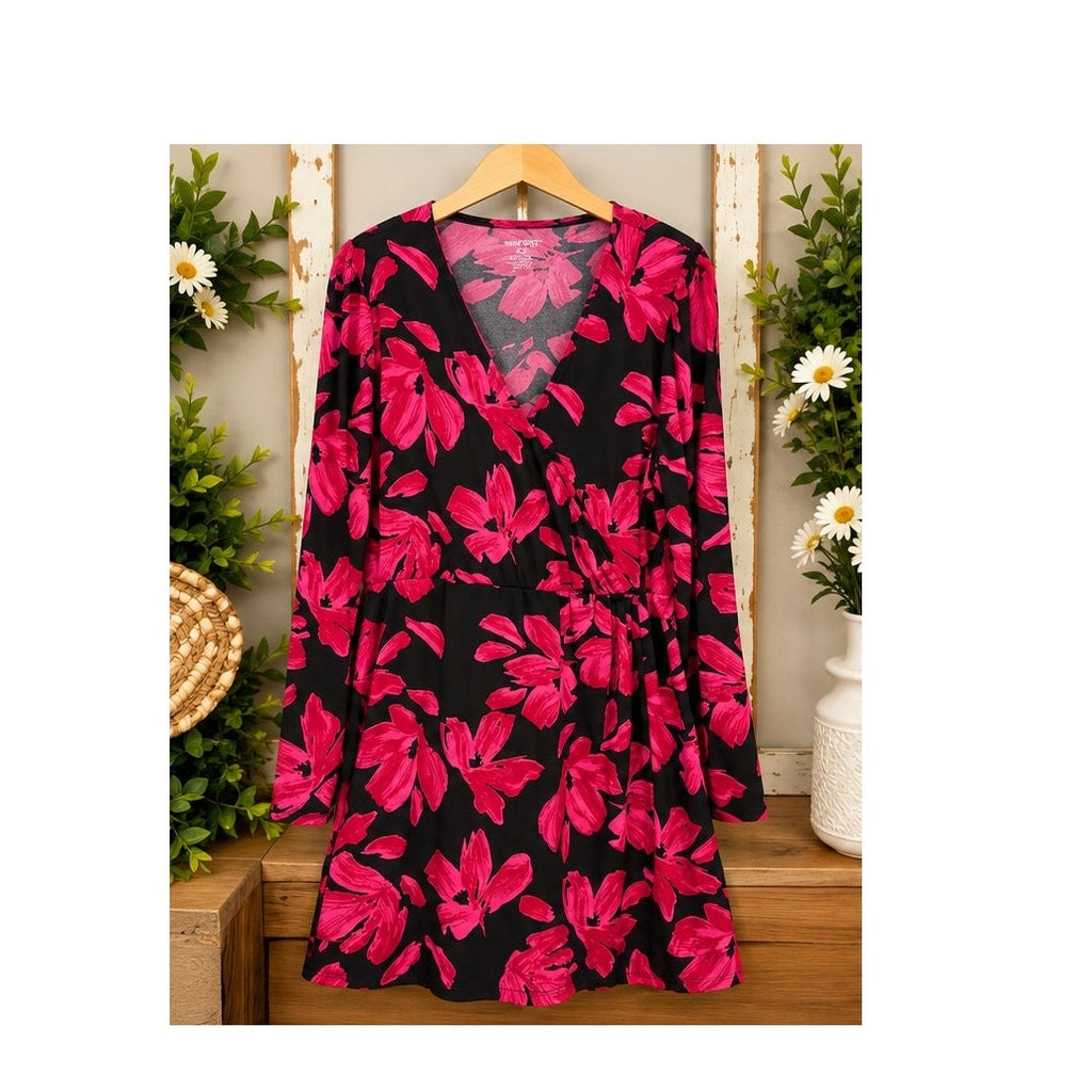 Nine West Hot Pink Black Floral Faux Wrap Long Sleeve Dress Womens Size XXL Knit