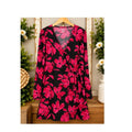 Nine West Hot Pink Black Floral Faux Wrap Long Sleeve Dress Womens Size XXL Knit