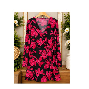 Nine West Hot Pink Black Floral Faux Wrap Long Sleeve Dress Womens Size XXL Knit