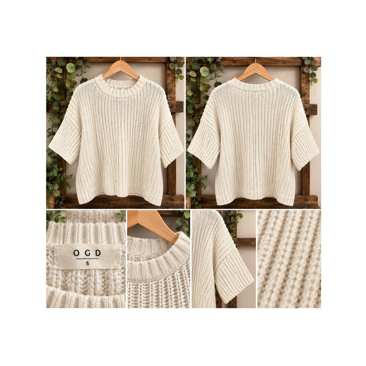 One Grey Day OGD Ribbed Knit Sweater Tee Cream Short Sleeve Slouchy Small S