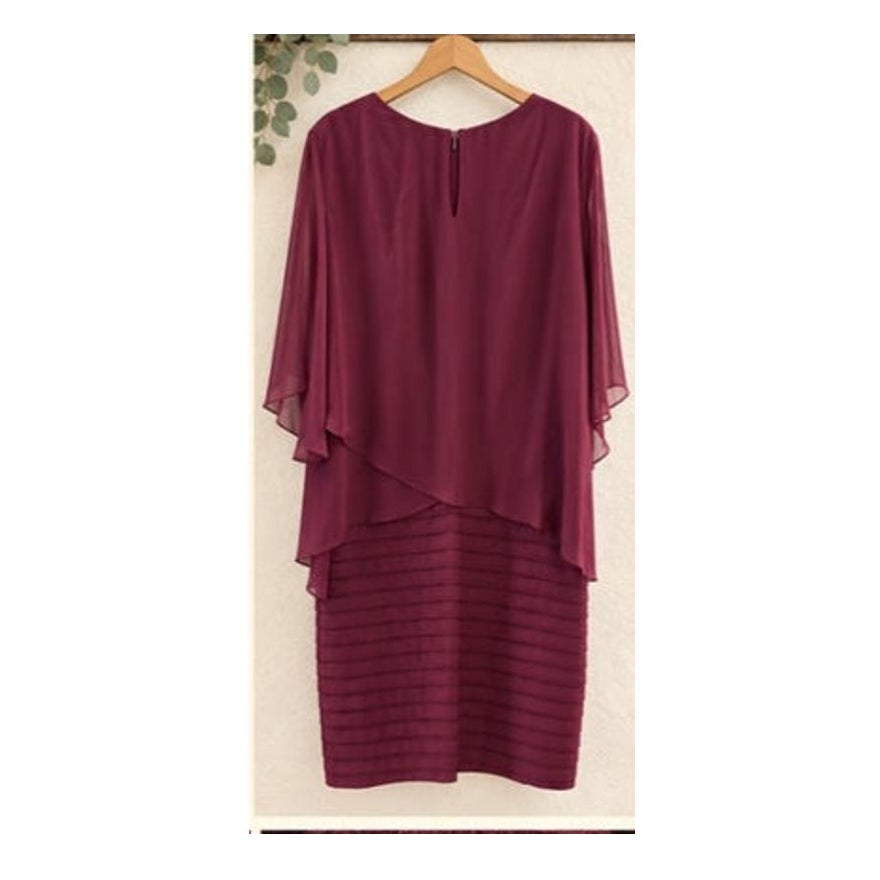 Betsy & Adam 20W Maroon Chiffon Capelet Pintuck Cocktail Dress Plus