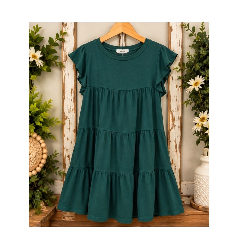 Entro Dark Green Tiered Mini Babydoll Dress Womens XL Ruffle Sleeve Knit