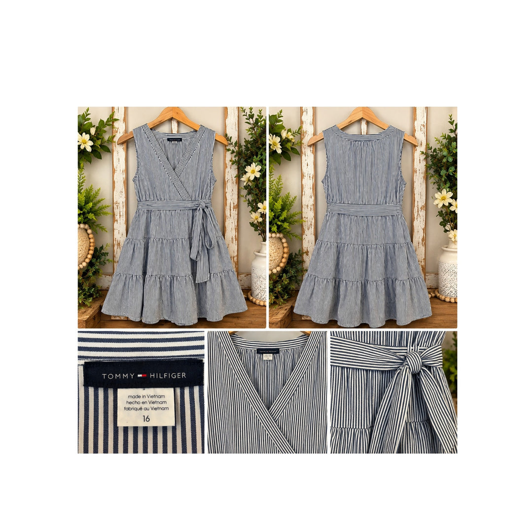 Tommy Hilfiger Blue White Stripe Tiered Fit & Flare Wrap Dress Womens Size 16