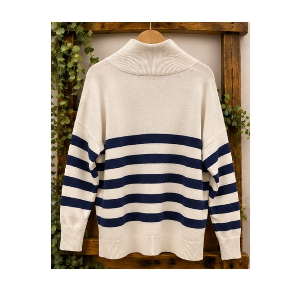 Free People Coastal Stripe Pullover Quarter Zip Sweater Cream Navy XS