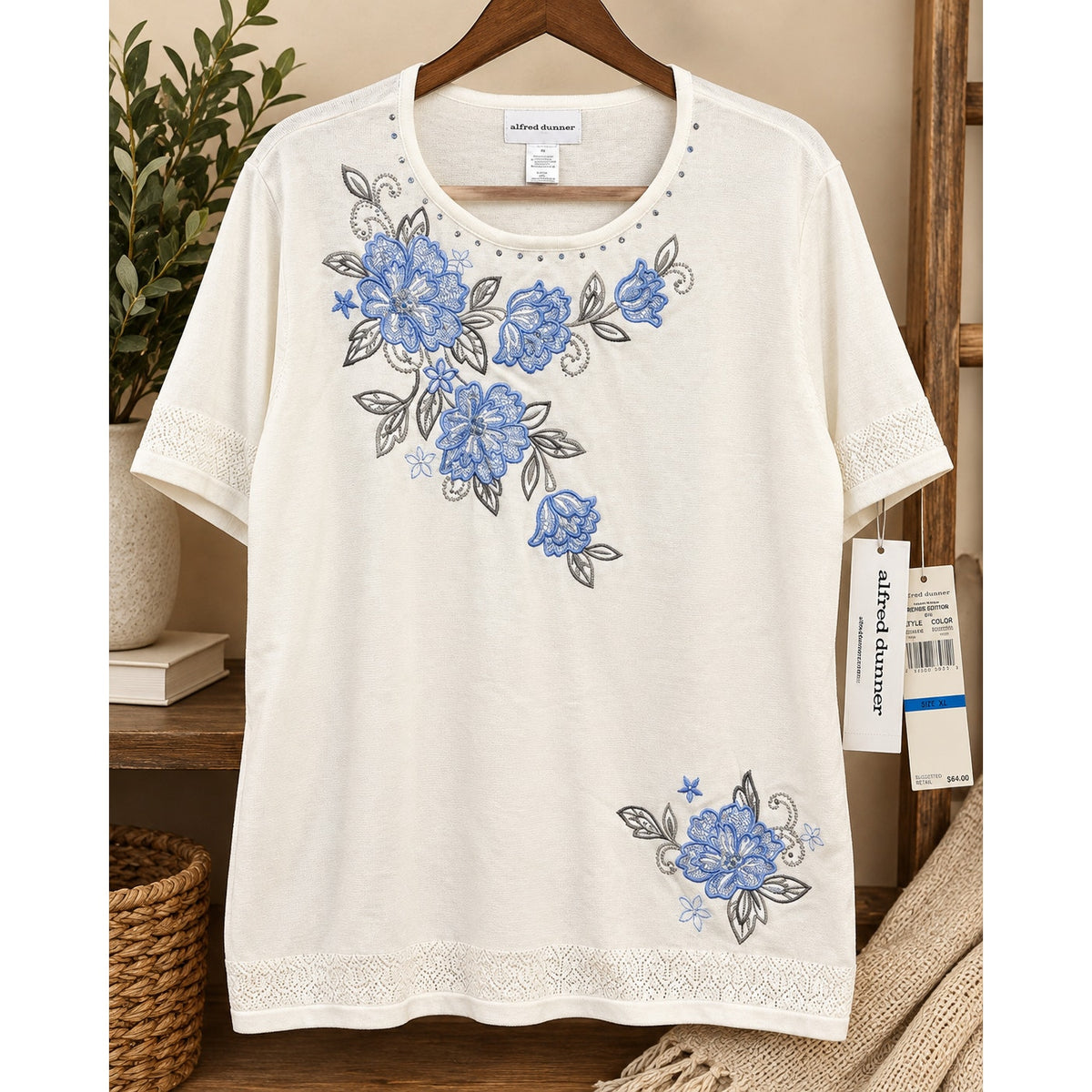 NWT Alfred Dunner Lot of 2 Women’s XL Embroidered Ivory Tops Short & 3/4 Sleeve