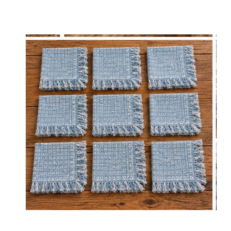 Vintage Homespun Blue White Fringed Tablecloth 9 Napkins Set Woven Plaid 57x84