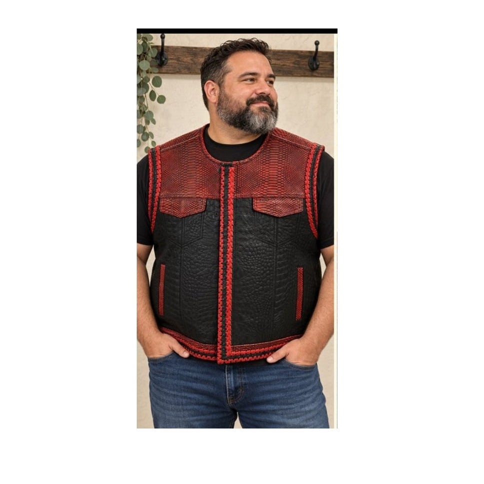 Mens 3XL Cowhide Leather Biker Vest Black Croc Red Embossed