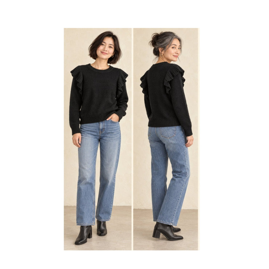 Anthropologie Pilcro Black Ruffle Shoulder Knit Pullover Sweater M