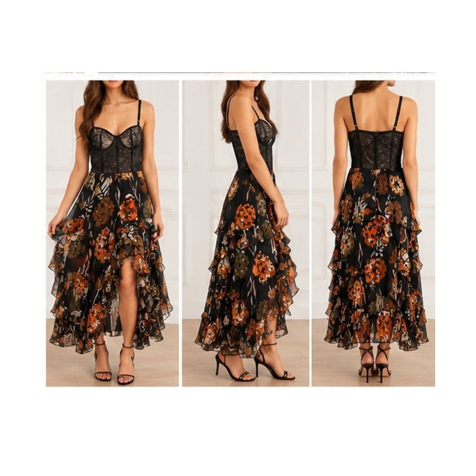 Katie May Take a Sip Dress Black 70s Floral Lace High Low Mid XS