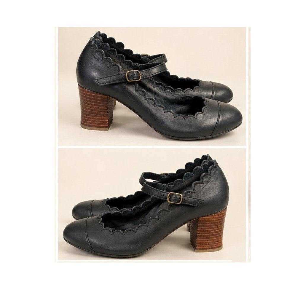 Fly London Wifo Navy Blue Leather Scalloped Mary Jane Heels Women's Sz 9.5