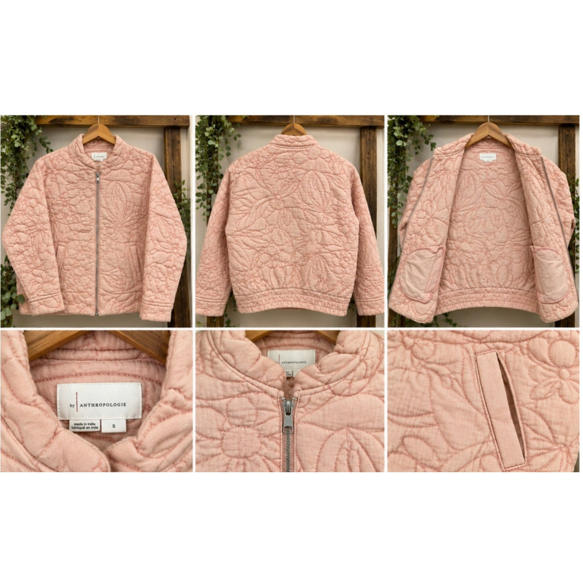 By Anthropologie Relaxed Quilted Jacket S Pink Floral Botanical Full Zip Puffer
